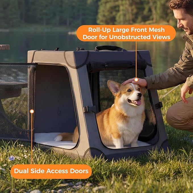 Snagle Paw Portable Dog Crate for Car Travel,Metal Frame Pet Crate,Pet Carrier for Car Back Seat Secures with Headrest Strap and Seatbelt,M Gray
