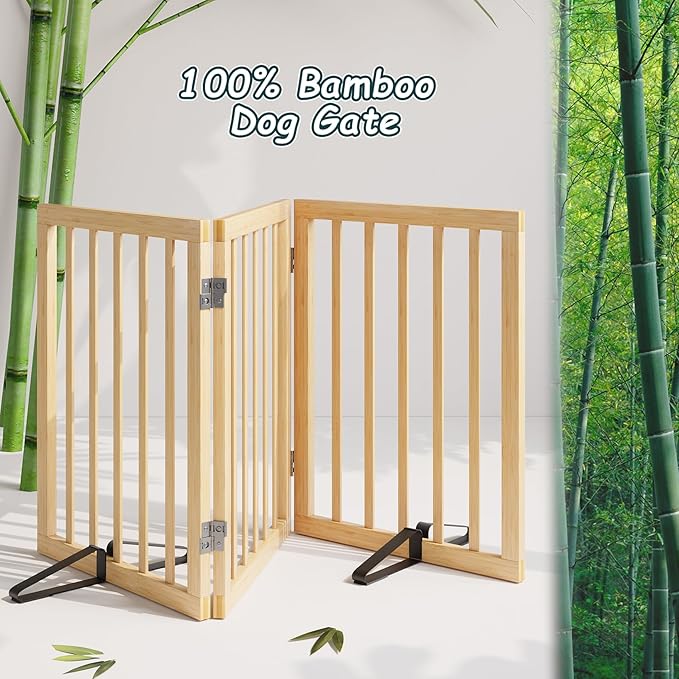 Semiocthome Bamboo Freestanding Dog Gates for Doorways, 3-Panel Indoor Puppy Gates for The House with 2 Metal Stands, 24"(H) Folding Pet Gate for Stairs Expands Up to 55"(W) No Installation Resquired
