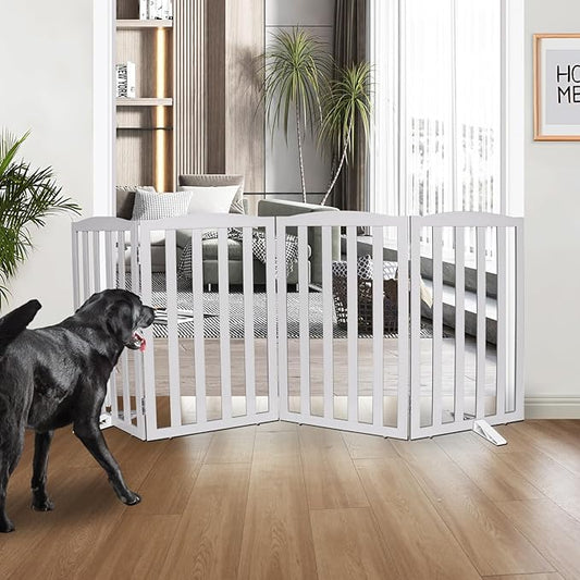 ZJSF Foldable Freestanding Indoor Dog Gate for House Wood Long Pet Gates Dog Fence for Stairs Puppy Gates for Hallways, Puppy Gate,Support Feet Included, Grey, 32 "Height-4 Panels
