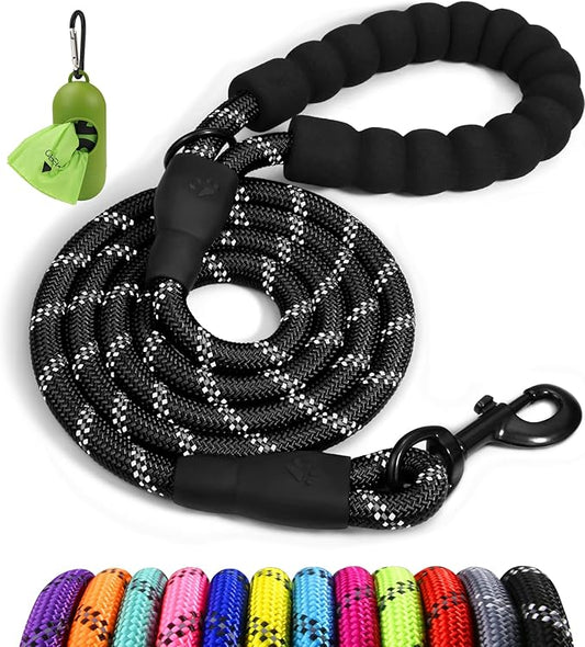 Taglory Rope Dog Leash 6 FT with Comfortable Padded Handle, Highly Reflective Threads Leash and Anti-Tangle Clip for Walking Small Dogs, 3/8 inch, Black