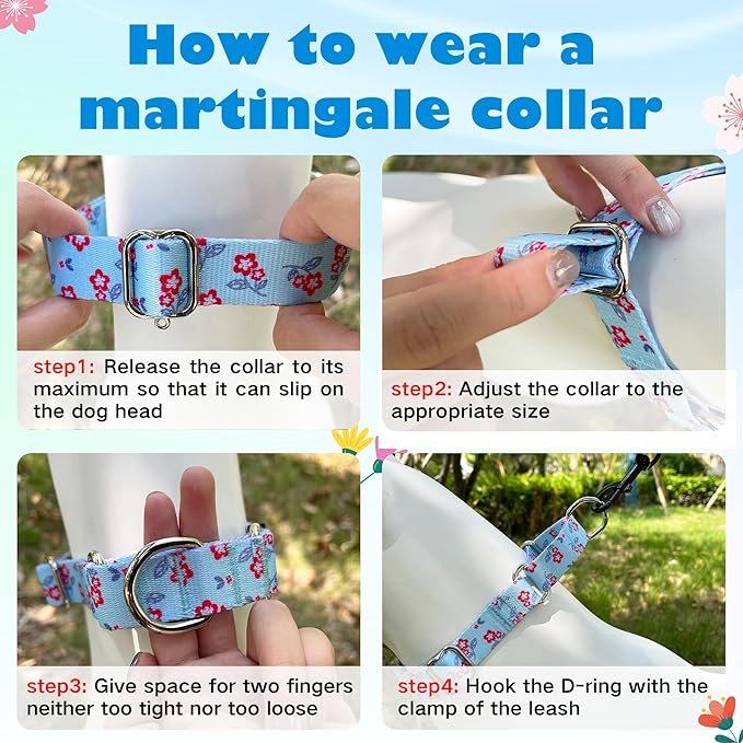 Hikiko Martingale Dog Collar with No Buckle Cute Girl Flower Dog Collars Comfortable Nylon Choke Collar for Puppy Dogs,Light Blue Flower,XS