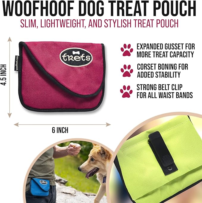 Woofhoof Dog Treat Pouch, Burgundy Training Treat Pouch - Clip On Dog Treat Holder, Innovative No Spill Design, Magnetic Flap, Expandable Gusset, Made of Durable Nylon, Machine Washable