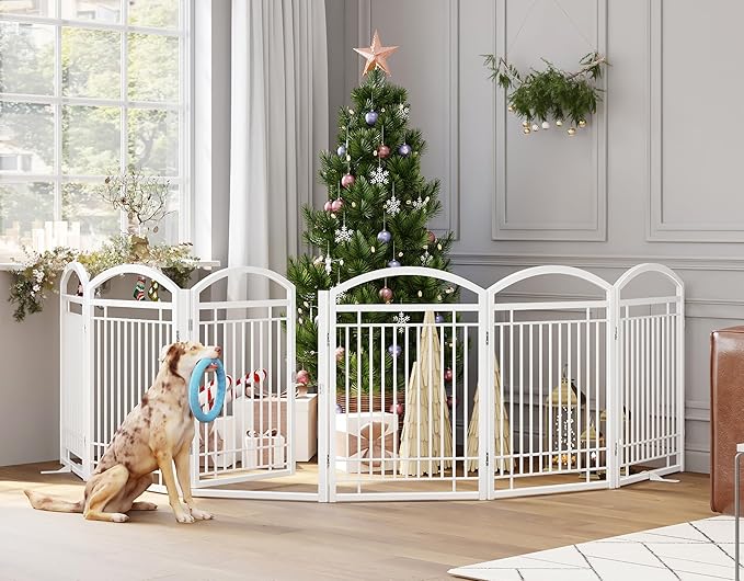 Folding No-Assembly Metal Freestanding Dog Gate with Door Walk Through,32" Height Pet Fence,144" Extra Wide Accordion Puppy Folding Playpen for Doorways,House,Stairs (6 Panels,White)
