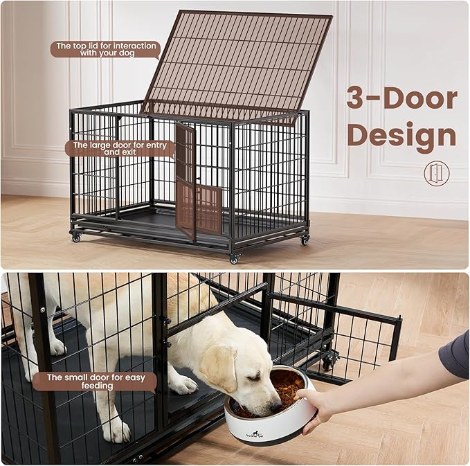 Gardner Pet 43 inch Stackable Heavy Duty Dog Crate,Indestructible Escape-Proof Dog Kennel for Medium Dogs,High Anxiety Dog Cage with Upgraded Lockable Wheels，Removable Tray & Triple Door,Black