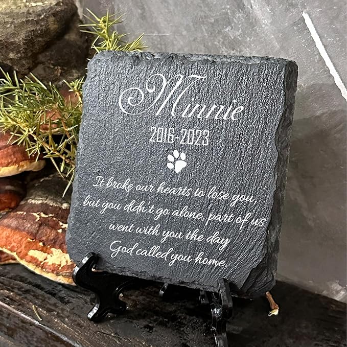Personalized Individual Square Memorial Plaque + Stand for Pet Cat Dog Slate Stone Frame Paw Grave Marker - Size 3.94" x 3.94" or 100 x 100 mm - Name