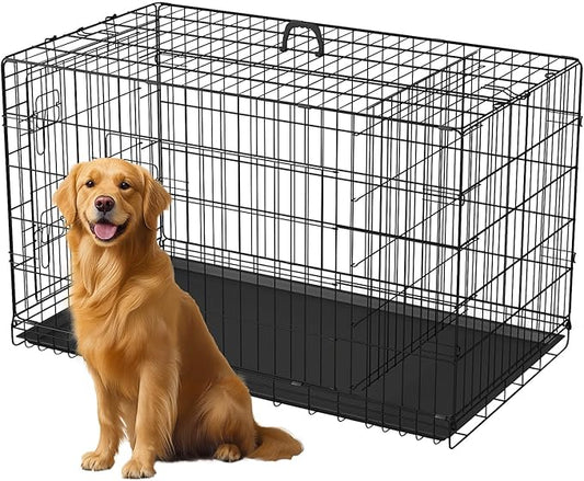 FDW Dog Crate 42-Inch Dog Cage Single Door Foldable Metal Kennel with Leakproof Tray Foldable Design Indoor Outdoor Use for Large Dogs,Dark Black
