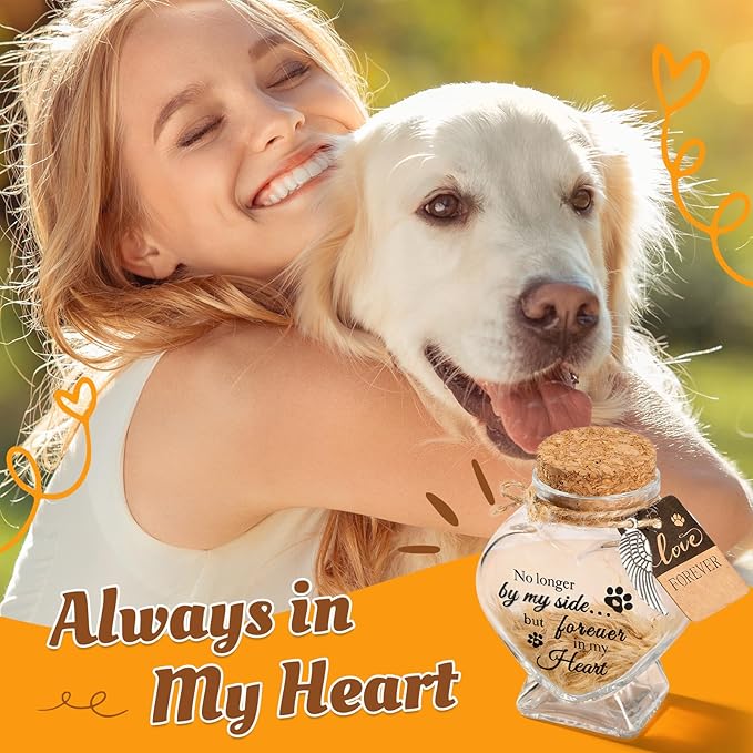 Pet Fur Keepsake Jar-Pet Memorial Gift for Loss of Dog or Cat, Heart-Shaped Glass Pet Hair Keepsake Bottle, Dog Fur Keepsake & Cat Fur Keepsake, Printed Quote Forever in My Heart”