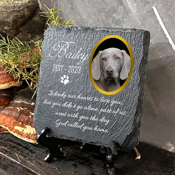 Personalized Individual Square Memorial Plaque + Stand for Pet Cat Dog Slate Stone Frame Paw Grave Marker - Size 3.94" x 3.94" or 100 x 100 mm - Photo