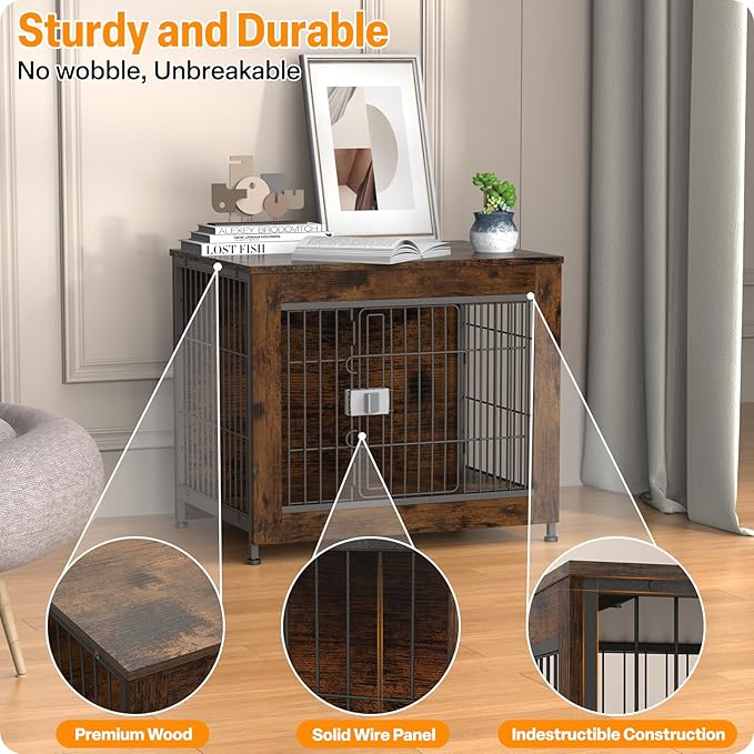 Furniture Style Dog Crate, 27" Wooden Dog Kennel End Table with Solid Top, Indoor Pet Crate House with Secure Slide Lock, Modern Dog Cage Furniture for Small & Medium Dogs, Aged Black