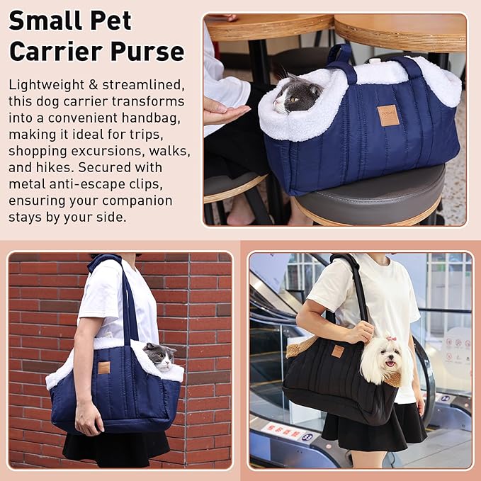 ETIAL Small Dog Carrier Purse, Winter Fleece Warm Dog Tote Bag Carrier with Secure Harness Clip for Puppy Kitten, Waterproof Pet Travel Handbag for Shopping, Hiking and Walking (Grey)