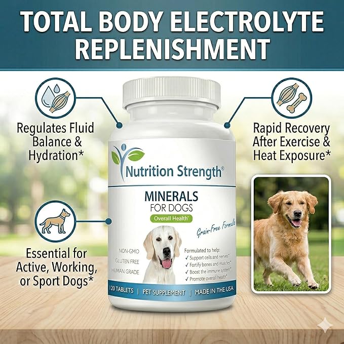 Dog Minerals & Electrolytes - Essential Raw Diet Balancer & Senior Dog Vitality Support - Calcium, Magnesium, Zinc, Iron & Selenium for Bone, Muscle & Nerve Health - 120 Tablets