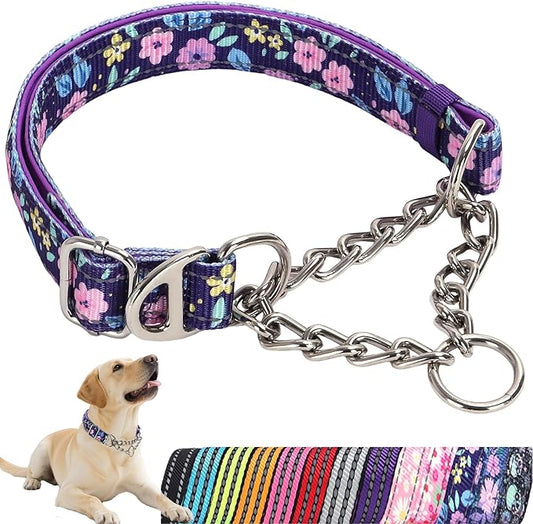 Reflective Martingale Dog Collar with Chain - Comfortable & Safe Choke Dog Collar for Medium Large Extra Large and XXL Dogs Trainer Recommended Collar (Purple Flowers M)