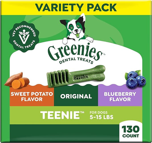 Greenies Dog Treats Veterinarian-Recommended Natural Dental Treats for Dogs, Teenie Size, Variety Pack Flavor, (3) 12 oz. Packs, 130 Count