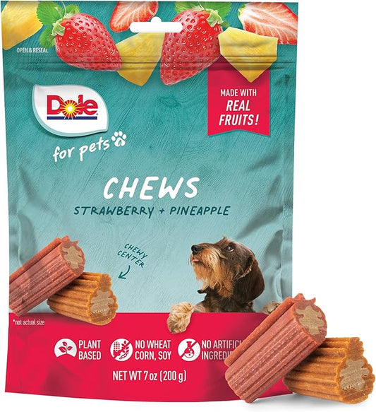 Dole for Pets Dog Chews, Assorted Strawberry + Pineapple Fruit-Flavored Treats, Real Fruit Flavor, No Artificial Colors Flavors or Preservatives, No Wheat Corn Soy, 7.05 Oz Bag