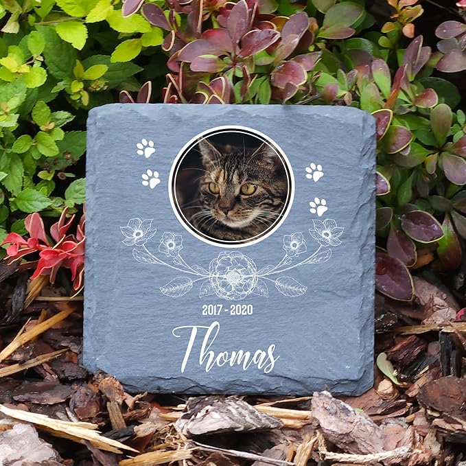 Personalized Individual Square Memorial Plaque + Stand for Pet Cat Dog Slate Stone Frame Paw Grave Marker - Size 3.94" x 3.94" or 100 x 100 mm - Floral