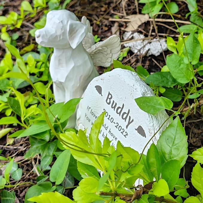 Personalized Dog Angel Memorial Garden Stone Engrave with Any Message, Pet Dog Memorial Grave Marker with Angel Dog Statue, Dog Cemetery Headstone, Dog Tombstone Gravestone, Loss Dog Memorial Gifts