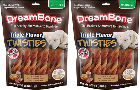 DreamBone Triple Flavor Twisties Chews for Dogs, 25 Count, Treat Your Dog to Rawhide-Free Chews Made with Real Chicken, Beef and Peanut Butter (Pack of 2)
