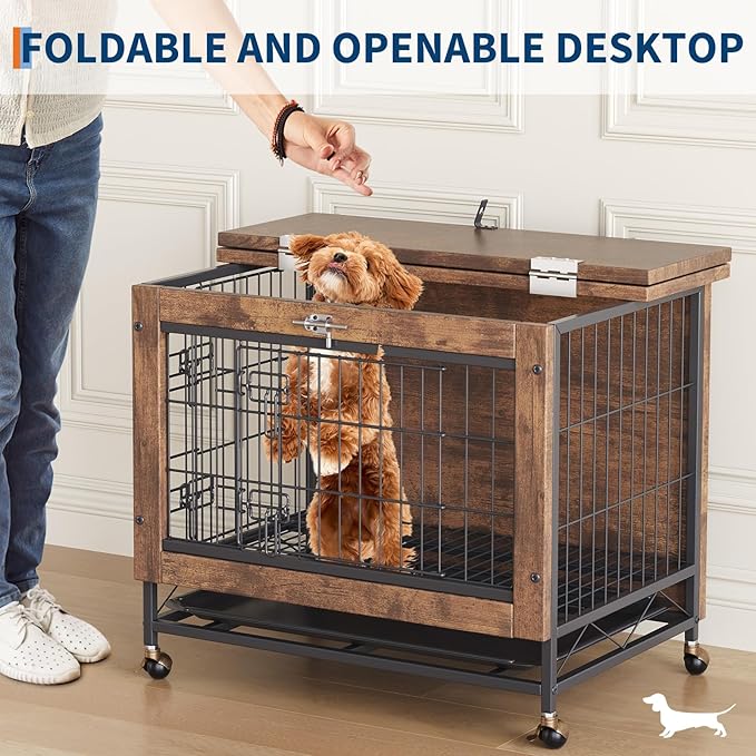 Double-Door Pet Crate Furniture, 26 Inch Indoor Dog House, Heavy Duty Wooden Kennel Side Table with Rustic Brown Finish, Chew-Resistant Dog Cage for Small Medium Dogs, Decorative End Table for Bedroom