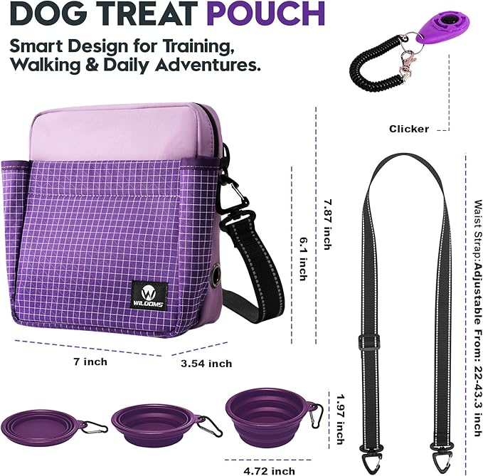 Dog Treat Pouch – Large Capacity with Magnetic Closure, Dog Walking Fanny Pack Built-in Poop Bag Dispenser, Clicker & Collapsible Bowl for Training & Walking - Purple