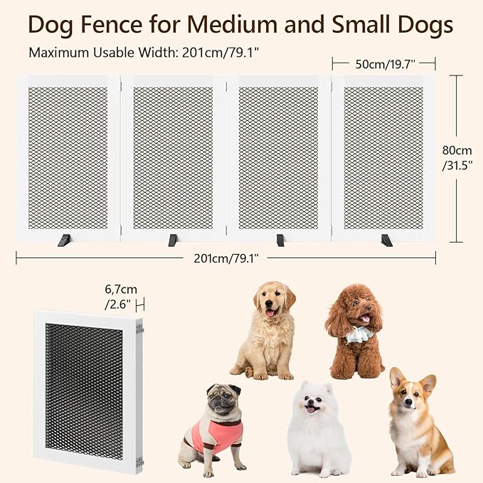 Freestanding Dog Gate Indoor, Foldable Wooden Pet Gate for The House Stairs Doorways, 4 Panels Tall Dog Fence with Support Feet, 79.1"W x 31.5"H, Extra Wide Step Over Fence, White DGHW80201