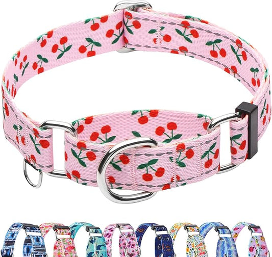 Reflective Martingale Collar for Dogs Nylon Training Collar with No Buckle No Pull Cute Dog Collar for Large Dogs（Pink Cherry，L）