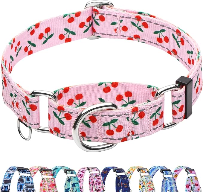 Reflective Martingale Collar for Dogs Nylon Training Collar with No Buckle No Pull Cute Dog Collar for Small Dogs（Pink Cherry，S）