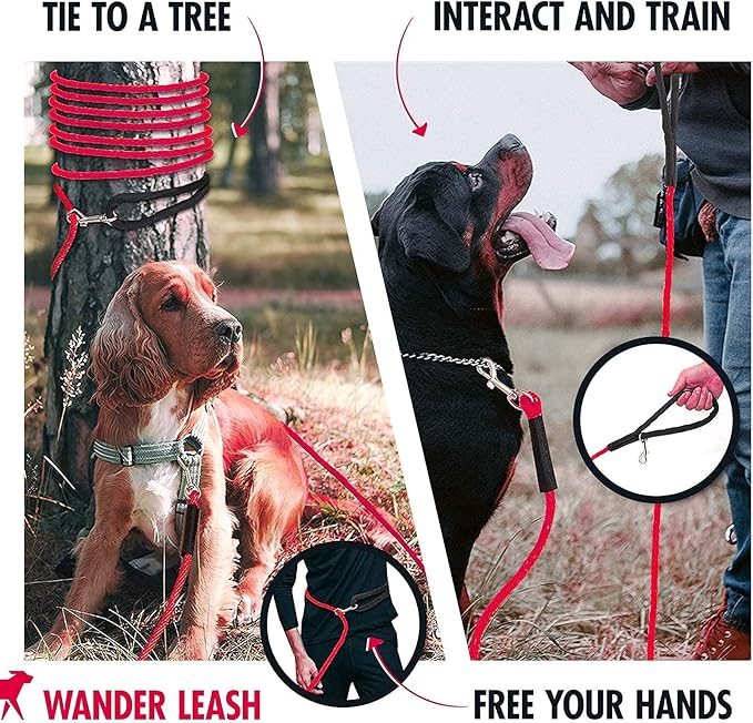 Tuff Pupper Heavy Duty 30 Foot Long Rope Leash for Dogs | Dog Recall Training Leash | High Visibility Strong Climbing Rope Leashes | Hand or Waist Worn | Stainless Steel 360° Clips for Tangle Free Use