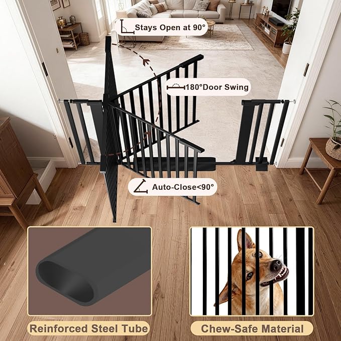 30-41 Inch Extra Wide Outdoor Baby Gate/Dog Gate, Indoor Pet Gate for Doorways, Hallways and Stairs No Drilling, Auto Close, Pressure Mounted Safety gate for Babies,Pets, Black