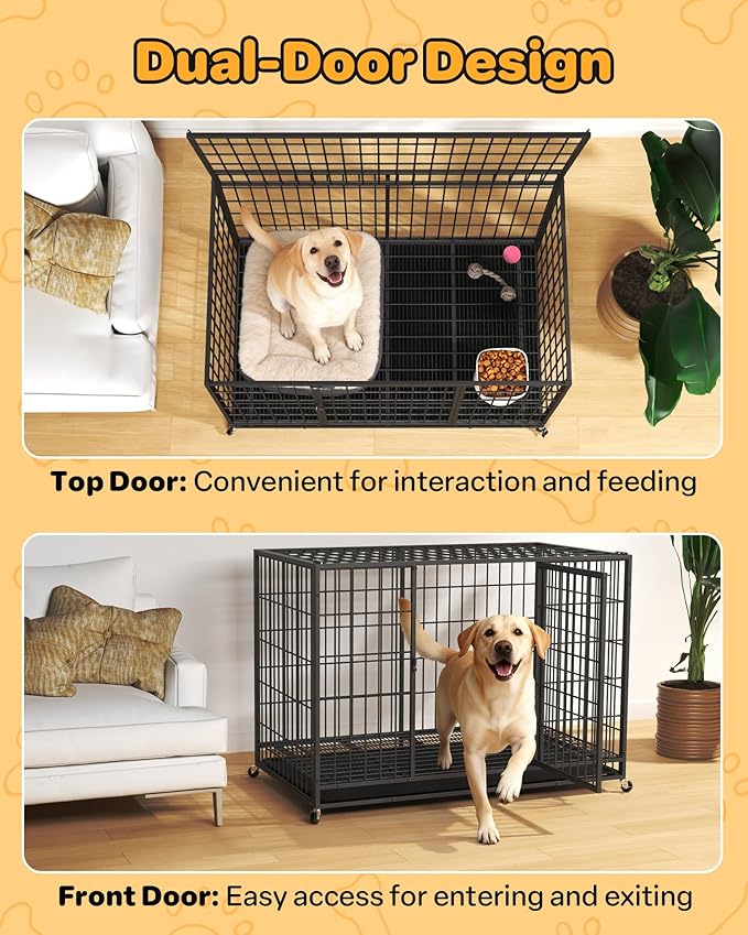 48 Inch Large Dog Crate, Escape Proof Dog Cage with Dual Door Lock and Swivel Casters,Removable Tray for Easy Cleaning, Dog Kennel Indoor Outdoor Use