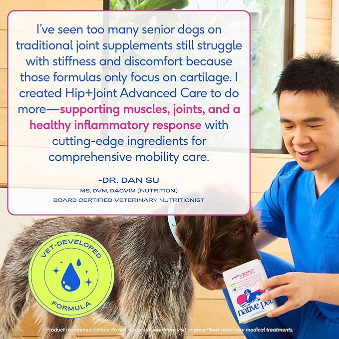 Native Pet Hip & Joint Advanced Care Dog Joint Supplement Powder for Mobility & Movement Support, Joint Supplement for Dogs with HMB, UC-II Collagen, Green Lipped Mussel & Hyaluronic Acid-120 Scoops
