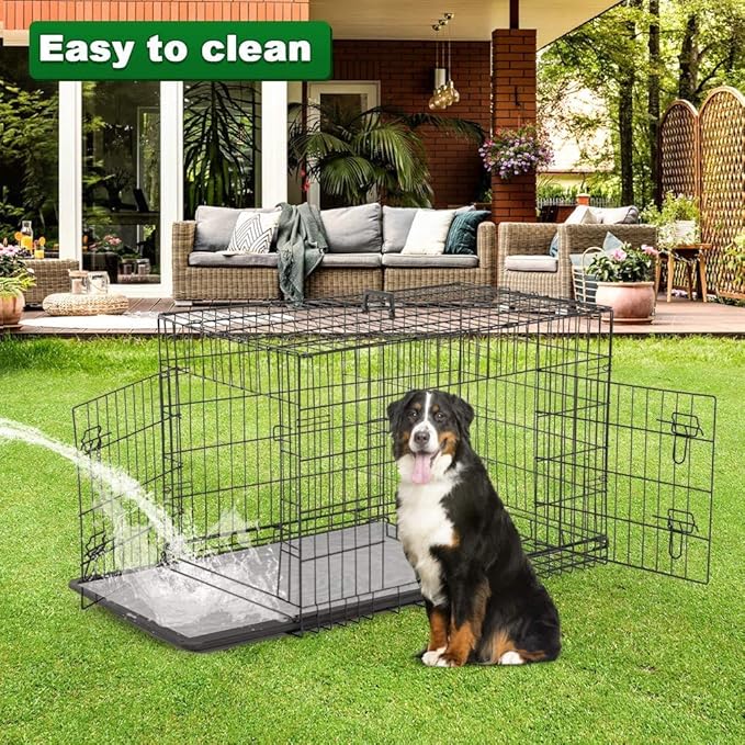 HGS 42-Inch Dog Crate Dog Cage Metal Wire Dog Kennel Large Dog Cage Folding Puppy Crate Outdoor Indoor Animal Pet Cage with Handle and Plastic Tray, 2 Doors (with Safety Lock), Black