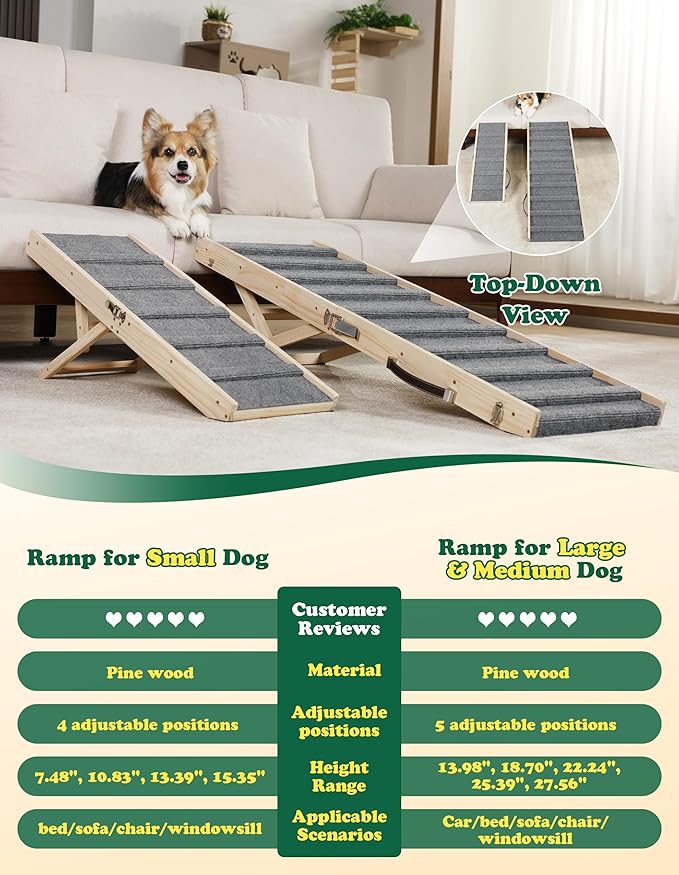 Dog Ramp Dog Stairs for Large Dogs Foldable Dog Ramp with 5 Adjustable Heights from 13.98'' to 27.56" Wood Pet Ramp with Non Slip Carpet Portable Puppy Ramp for Couch, Sofa, Bed, Car