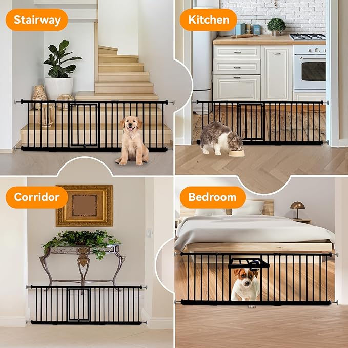14" Height Short Dog Gate Adjustable18-48" Extra Wide Dog Gate with Small Cat Door,Pet Gate with 4 Extension Kits Pressure Mounted for Doorways & Stairs (Black, 14" Height)