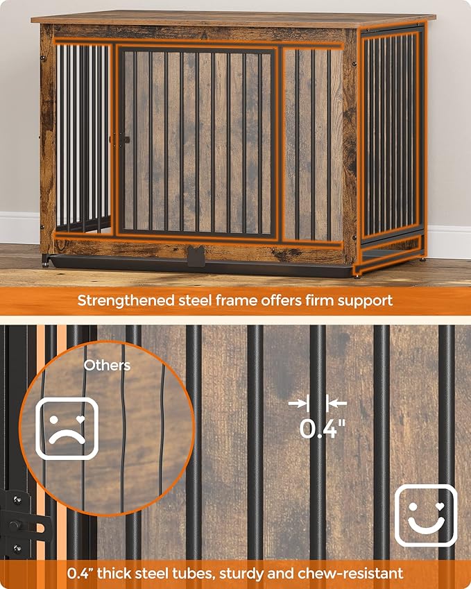 Feandrea Dog Crate Furniture, 38 Inches Dog Kennel for Dogs up to 70 lb, with Removable Tray, Heavy-Duty Dog Cage End Table Indoor, Double Doors Dog House, Easy to Clean, Rustic Brown