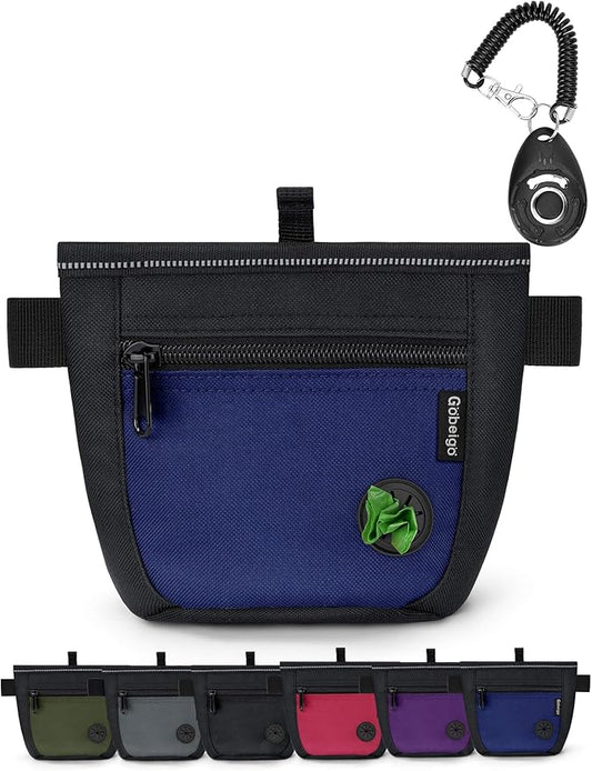 Gobeigo Dog Treat Pouch and Training Clicker, Upgrade Two Magnetic Closure to Prevent Spills, 2 Cup Treat Bag with Poop Bag Dispenser, Metal Clip Waist Belt Fanny Pack for Pet Walk (Black/Blue)