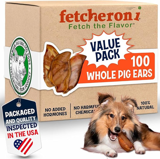 Whole Pig Ears for Dogs Large - 100 Pack Long Lasting Dog Chews - One Ingredient Delicious All Natural Flavor – Easy to Digest Dog Treat for Large Dogs - Great for Teeth and Gums