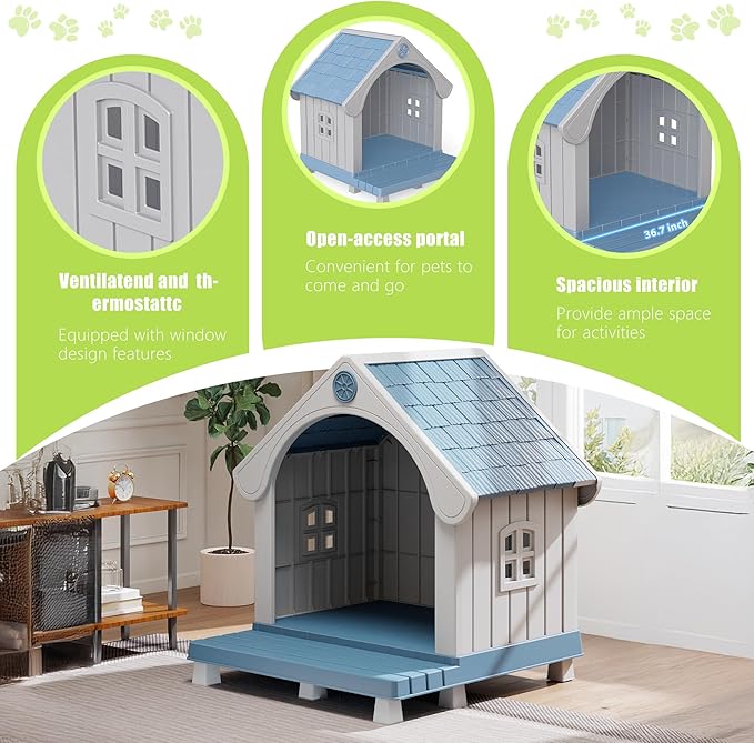 DRATO Large Dog House Outdoor Indoor, Sturdy Plastic Waterproof Doghouse with Air Vents and Elevated Floor, Easy Clean & Assemble for Medium Large Dogs (Blue, 33" L×31.5" W×38" H)