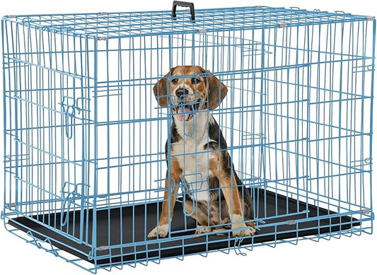 Dog Crate, Folding Portable Outdoor Large Two Door Metal Cat Dog Cage with ABS Tray LC Panel Floor Protecting Feet Wire Animal Pet Dog Kennel with Divider