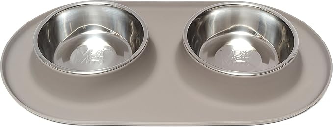 Messy Mutts Double Silicone Feeder with Stainless Bowls | Non-Skid Food Dishes for Dogs for All Pets | Dog Food Bowls | Medium, 1.5 Cups Per Bowl | Grey