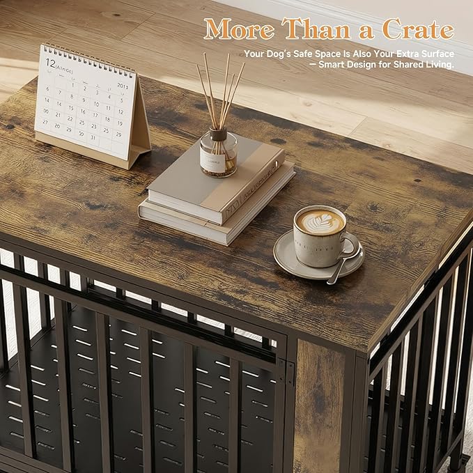Medium Dog Crate Furniture with Removable Tray & Iron Door, 39" Heavy Duty Indoor Dog House Furniture Side Table with Lockable Wheels, Wooden Pet Kennel Crate for Medium Small Dogs (Black)