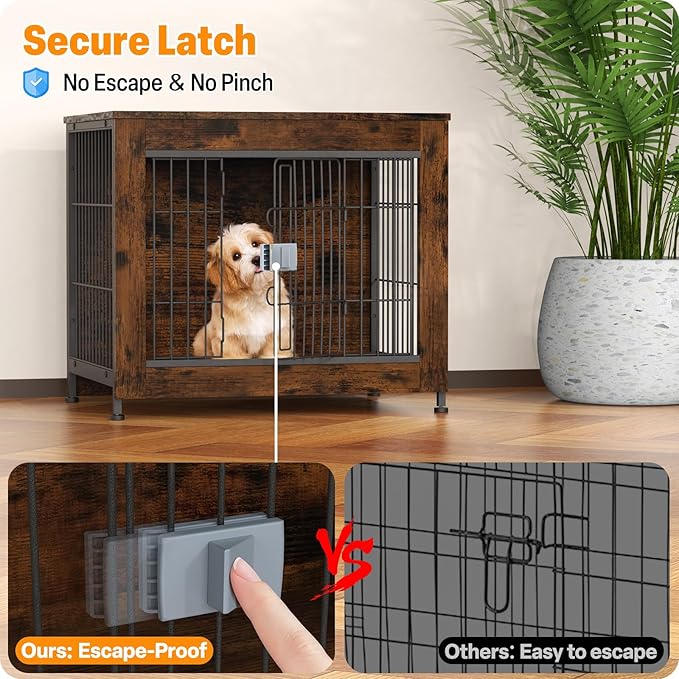 Furniture Style Dog Crate, 27" Wooden Dog Kennel End Table with Solid Top, Indoor Pet Crate House with Secure Slide Lock, Modern Dog Cage Furniture for Small & Medium Dogs, Aged Black