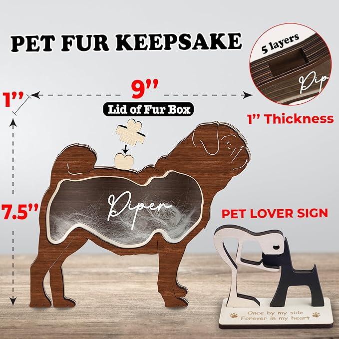 9" Pug Dog Hair Keepsake Box Wooden Pet Fur Gifts for Dog Cat Unique Dog Shape Standable Tabletop Decoration Pet Dog Memorial Idea Gift for Pet Lover Family Friends Storing Hair Teeth Ashes PS16-21L