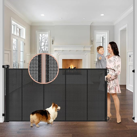 Reinforced 42" Tall x 75" Wide Retractable Baby Gate with Support Rods - Prevents Crawling Under Extra Tall Pet Gate Indoor Mesh Gate Outdoor Long Baby Gate Tall Dog Gates for Doorways, Black