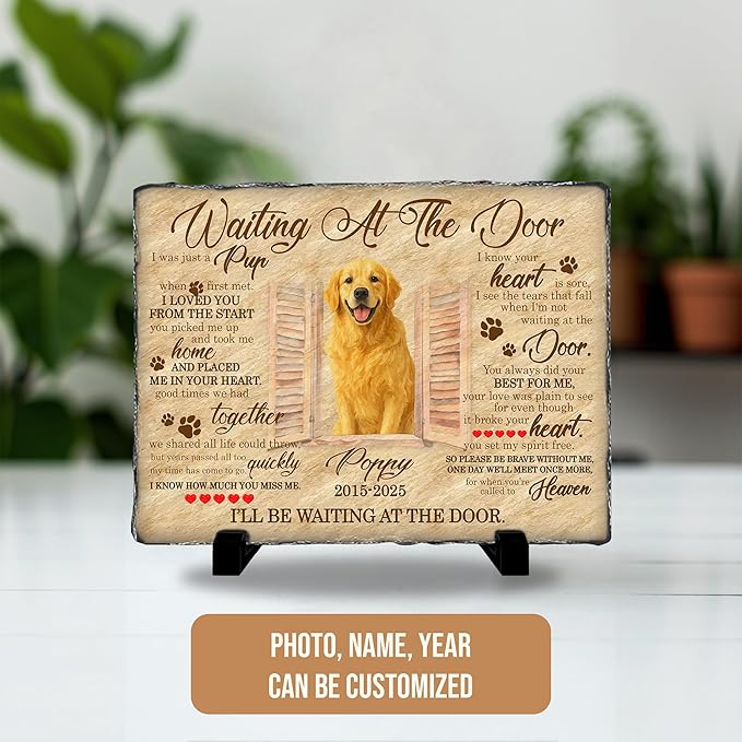 Pet Loss Memorial Stone Gift | Waiting at The Door Grave Marker for Dogs or Cats | Personalized Photo Remembrance Gift for Pet Owners | Animal Memorial Stones Dog