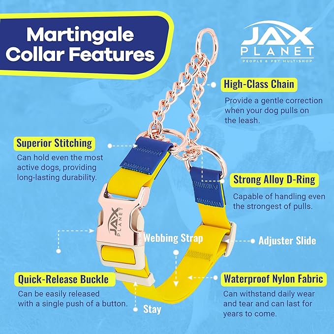 Jelly Waterproof Martingale Dog Collar, No Pull Nylon Collar with Alloy Metal Buckle & D-Ring for Outdoor Training and Walking, Anti Pull, Escape Free, One Time Adjustment - Yellow & Blue, L