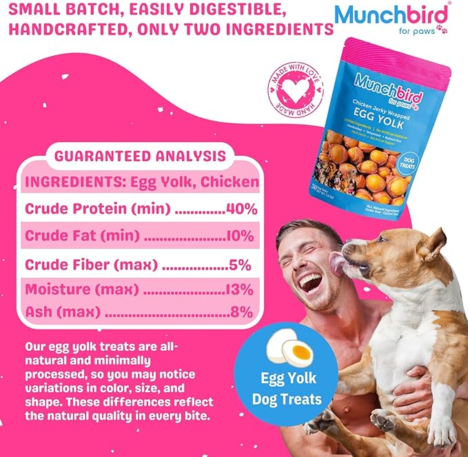 Munchbird Dehydrated Chicken Jerky Wrapped Egg Yolk Dog Treats, high-Protein Dog Food Topper with no fillers. Natural Alternative to Freeze-Dried Quail Egg Yolk. Healthy Dog Treats, 7 oz, 20–30 pcs.