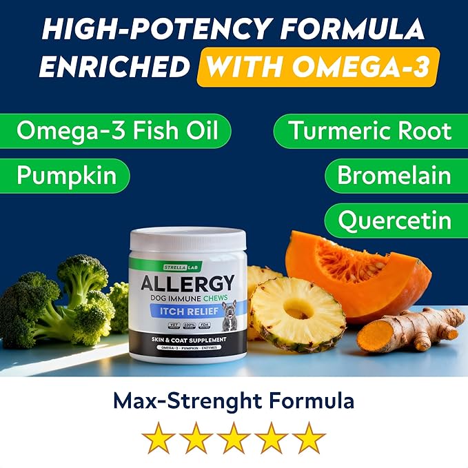 StrellaLab Dog Allergy Relief & Anti Itch Support Chews w/Omega 3: Real Ingredients, Real Taste! Skin & Coat Immune Supplement w/Fish Oil, Pumpkin & Enzymes — Developed by Experts - Made in USA -180Ct
