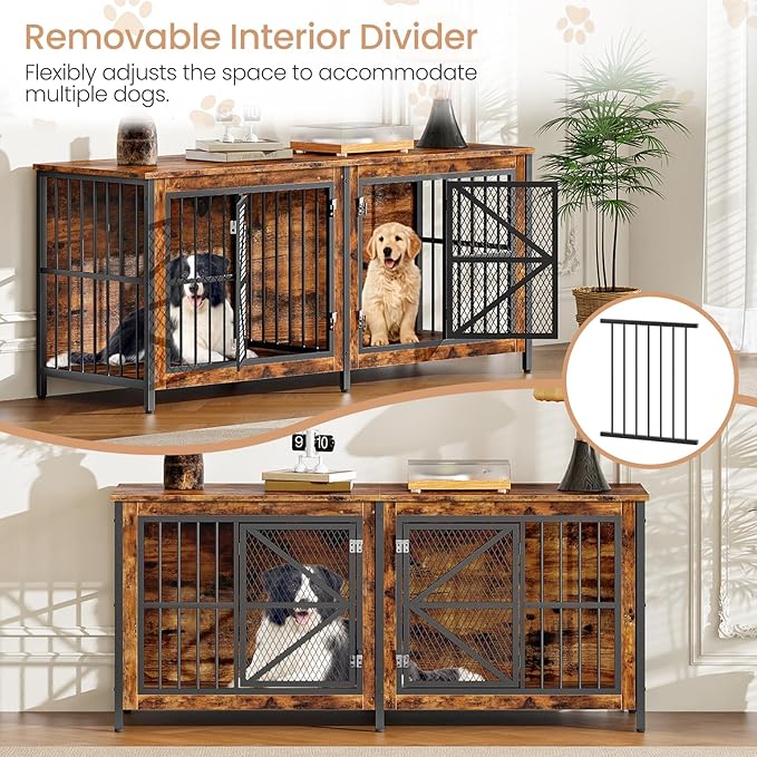 71 Inch Double Dog Crate Furniture for 2 Dogs, Wooden Dog Crate End Table for Medium/Large Dogs, Dog Kennel Furniture with Divider & Double Metal Doors, Rustic Brown and Black TGW02BF
