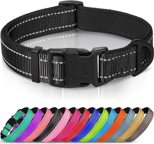 Joytale Reflective Dog Collar, Soft Neoprene Padded, Metal D-Ring, Nylon Pet Collar Adjustable for Large Dogs, Black, L