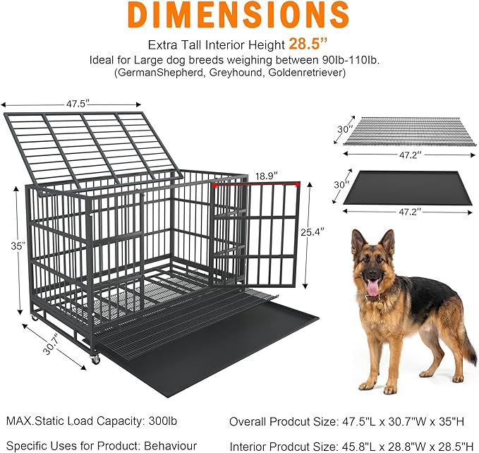 48 Inch Heavy Duty Dog Crate Cage with Wheels, Indestructible and Escape Proof Steel Kennel Indoor for High Anxiety Dogs with Sturdy Locks, Double Door and Tray, Extra Large XL XXL